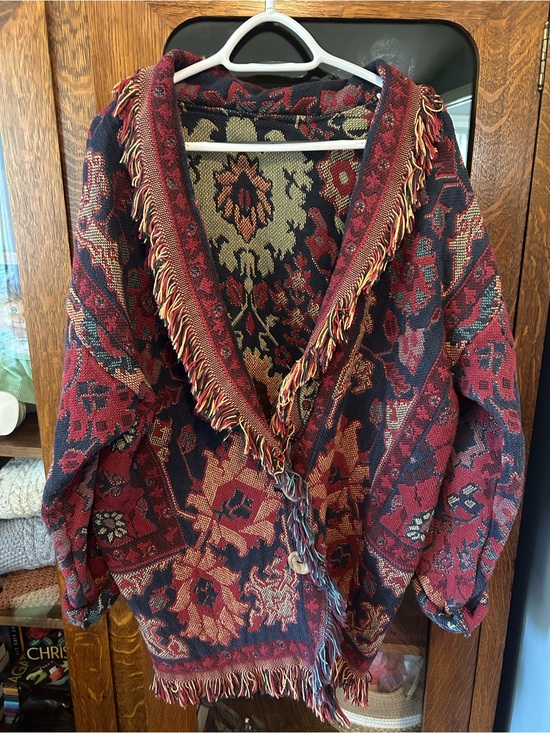 Jackets & Blazers - One of a Kind Handmade Women's Red & Navy Tapestry Fringed Cardigan Jacket